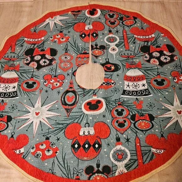 Disney Parks Retro Style Tapestry Christmas Tree Skirt Mickey Minnie Ornaments - Picture 1 of 4